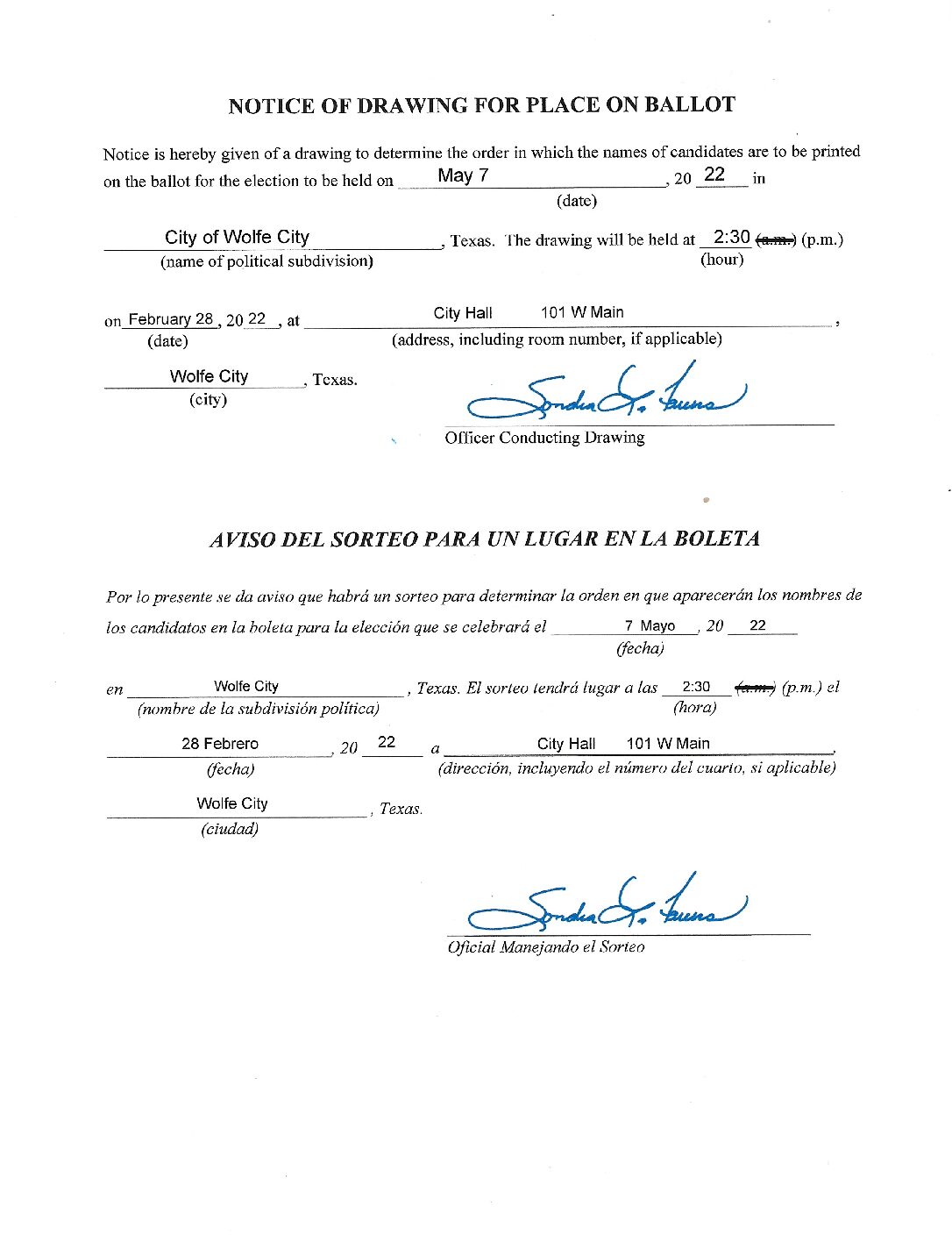 Notice of Drawing for Place on Ballot 2022